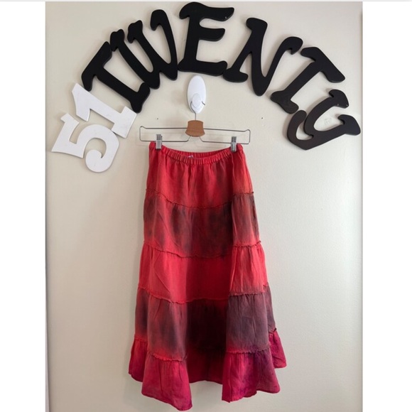 Calypso Dresses & Skirts - CALYPSO RED TIE DYE ELASTIC WAIST LINEN LAYERED MIDI SKIRT